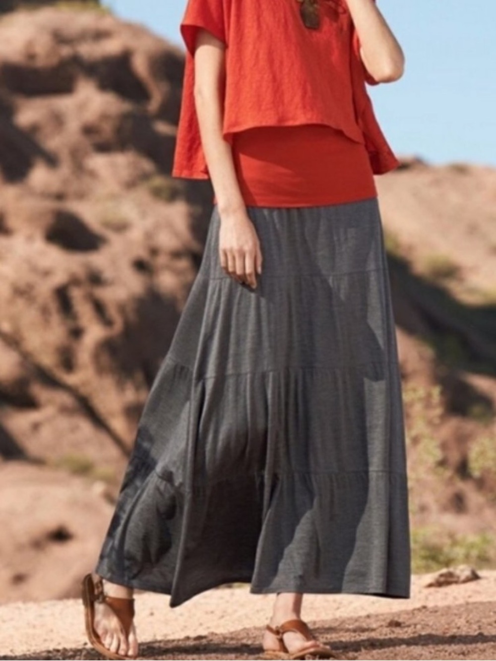 Eileen Fisher Silk Cotton Tiered Maxi Skirt Size M Gray Stretch Jersey